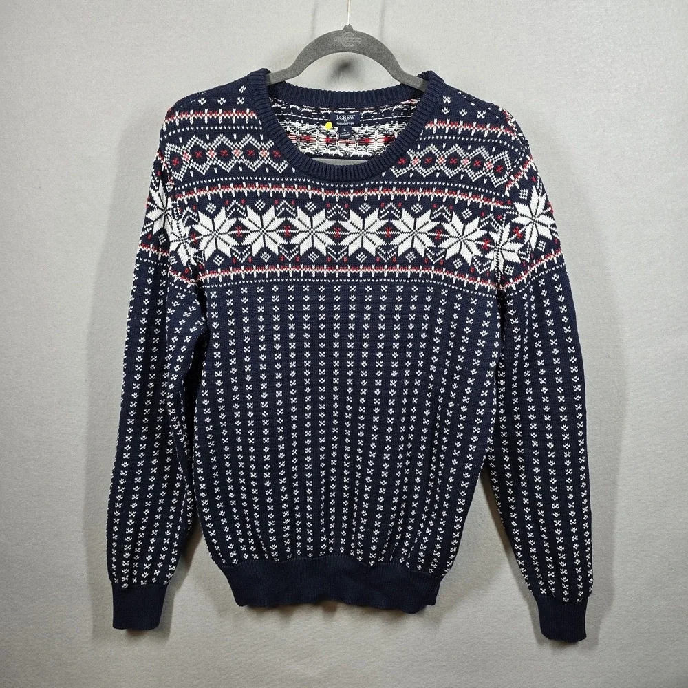 J Crew Sweater Mens Large Navy‎ White Fair Isle Snowflake Knit Pullover